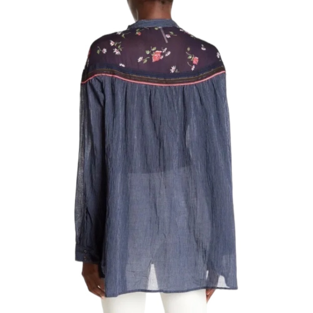 FREE People Navy Blue Pinstripe Sheer Floral Boho Oversized Tunic Blouse Top - Picture 2 of 16